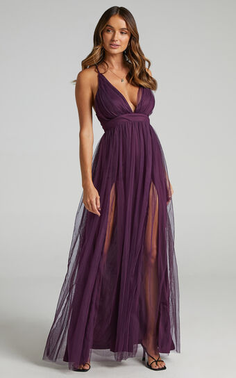Like A Vision Midi Dress - Plunge Thigh Split Dress in Aubergine Tulle