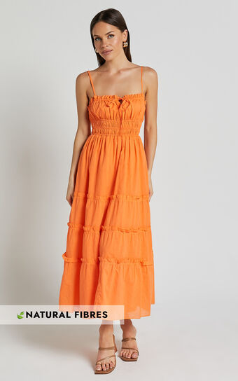 Schiffer Midi Dress - Strappy Ruched Tie Front Tiered Dress in Mandarin