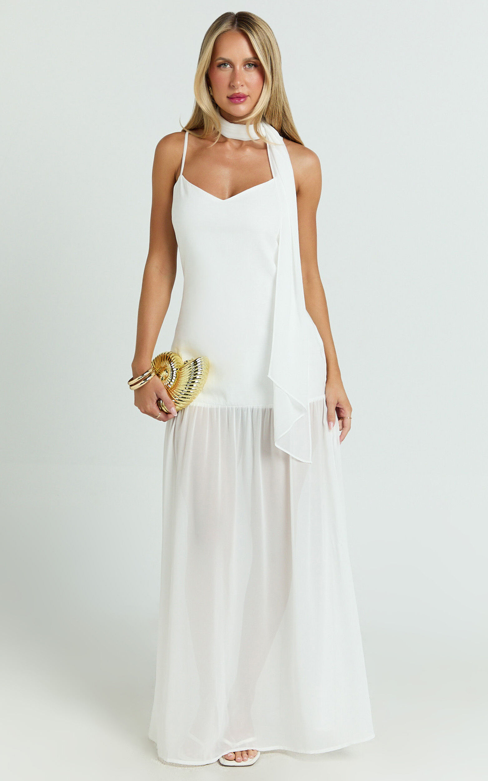 Calvin Maxi Dress - Linen Look Contrast Georgette Skirt with Neck Scarf in White - 06, WHT1