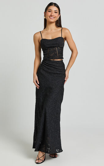 Alessandra Two Piece Set - Textured Jacquard Cami Top and Maxi Skirt Set in Black