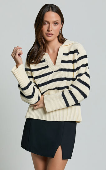 Devon Jumper - Open Collar V Neck Stripe Knit Jumper in Black & Cream Stripe