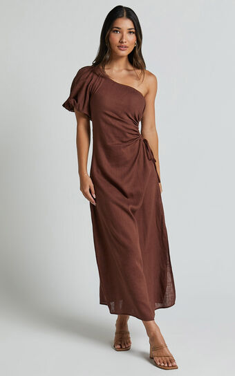 Victoria Midi Dress - Linen One Shoulder Puff Sleeve Cut Out Dress in Chocolate