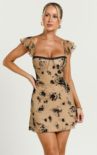 Athena Mini Dress - Floral Burnout Lace Trim Slip Dress in Brown and Black Burnout