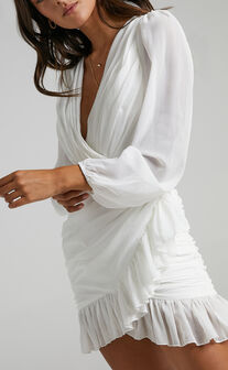 Can I Be Your Honey Mini Dress - Plunge Balloon Sleeve Dress in White