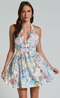 Duncan Mini Dress - Halter Neck Empire Waist Dress in Vacay Print