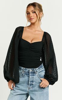 Lunara Bodysuit - Textured Ballon Sleeve Bodysuit in Black
