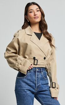 Indiana Trench Coat - Double Breasted Tie Waist Cropped Coat in Beige
