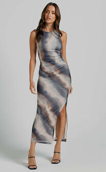 Loralie Midi Dress - Mesh High Neck Bodycon Dress in Brown Tie Dye