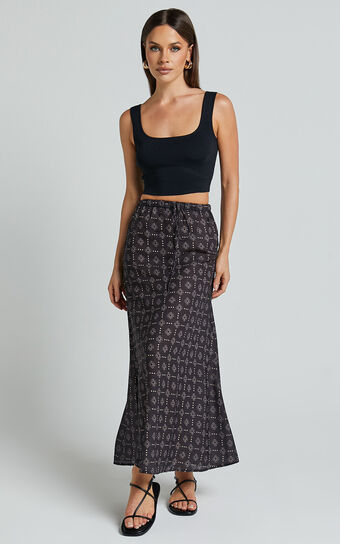 Brunita Midi Skirt - Low Waisted Drawstring Slip Skirt in Sol De Cruz Print