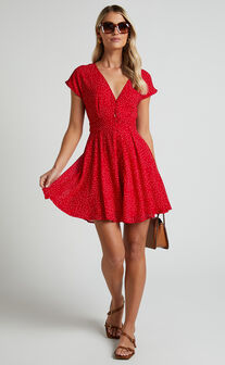 Bettina Mini Dress - Short Sleeve Dress in Red Floral