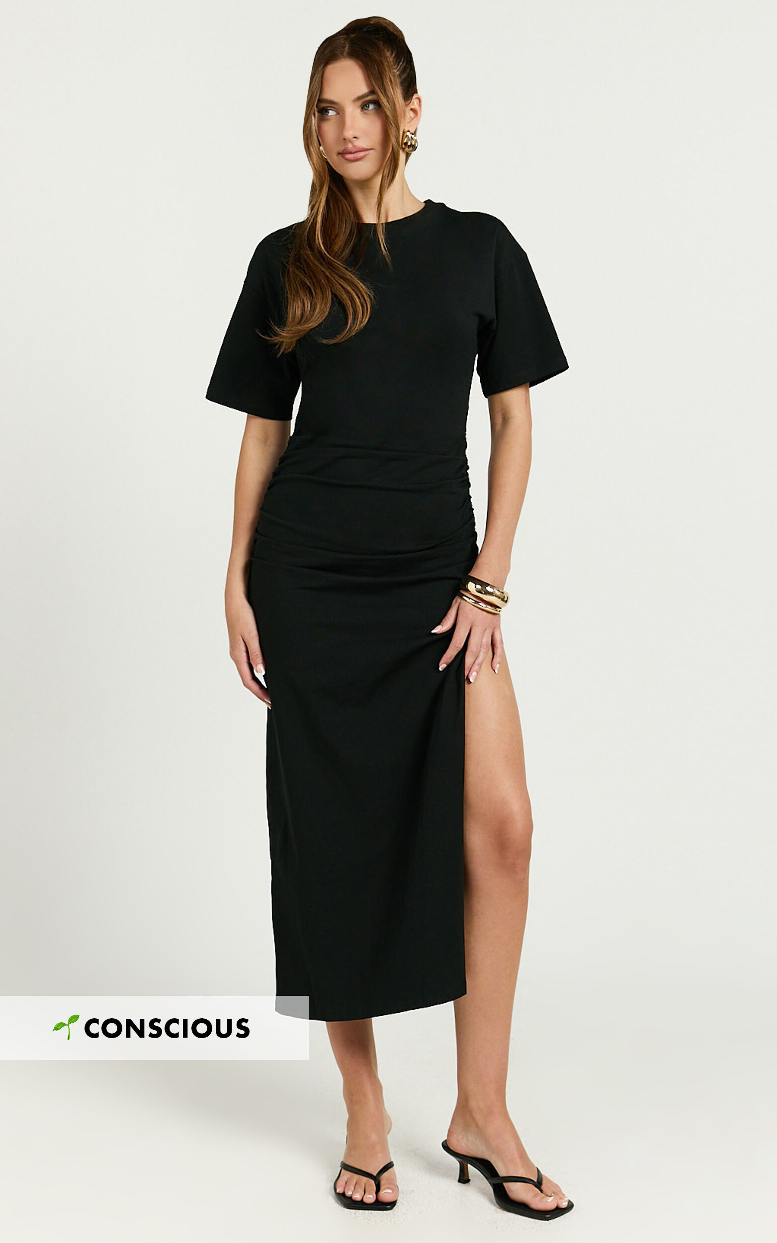 Lizzy Midi Dress Jersey Ruched Side Split Dress in Black