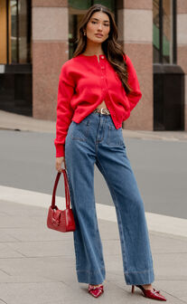 Lucille Cardigan - Button Through Scoop Neck Knit Cardigan in Red
