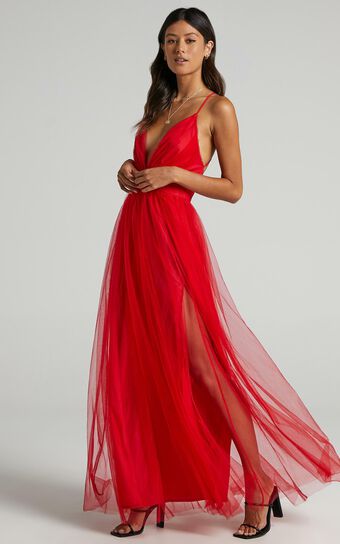 Tell Me Lies Midi Dress - Plunge Cross Back Dress in Red Tulle