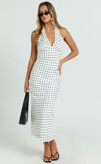 Grayson Midi Dress - Tie Halter Neck Slip Dress in White / Black