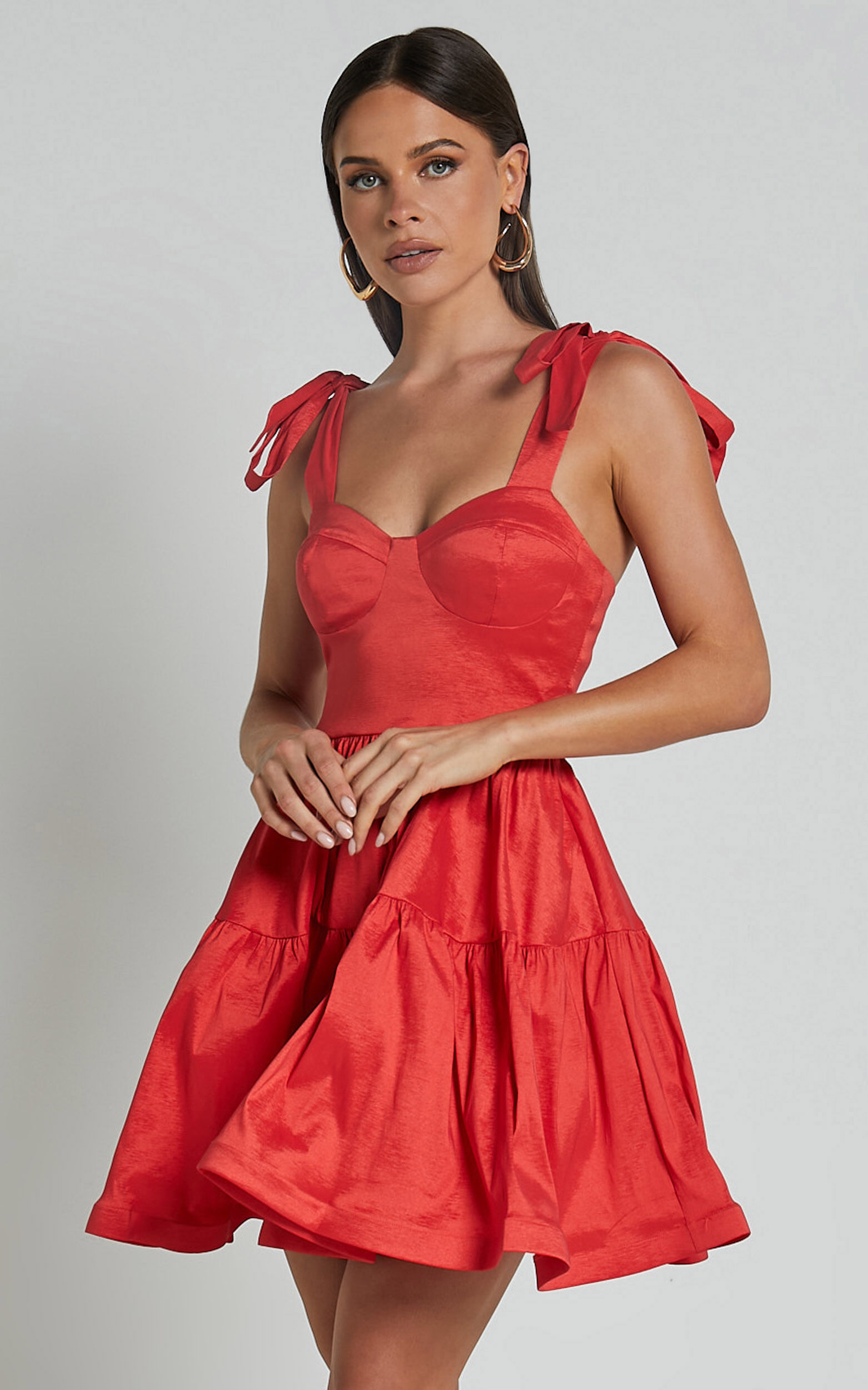Wednesday Mini Dress Tie Shoulder Bustier Tiered Dress in Red Showpo USA