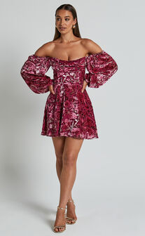 Jessell Mini Dress - Long Sleeve Cowl Corset Dress in Pink Floral Burnout