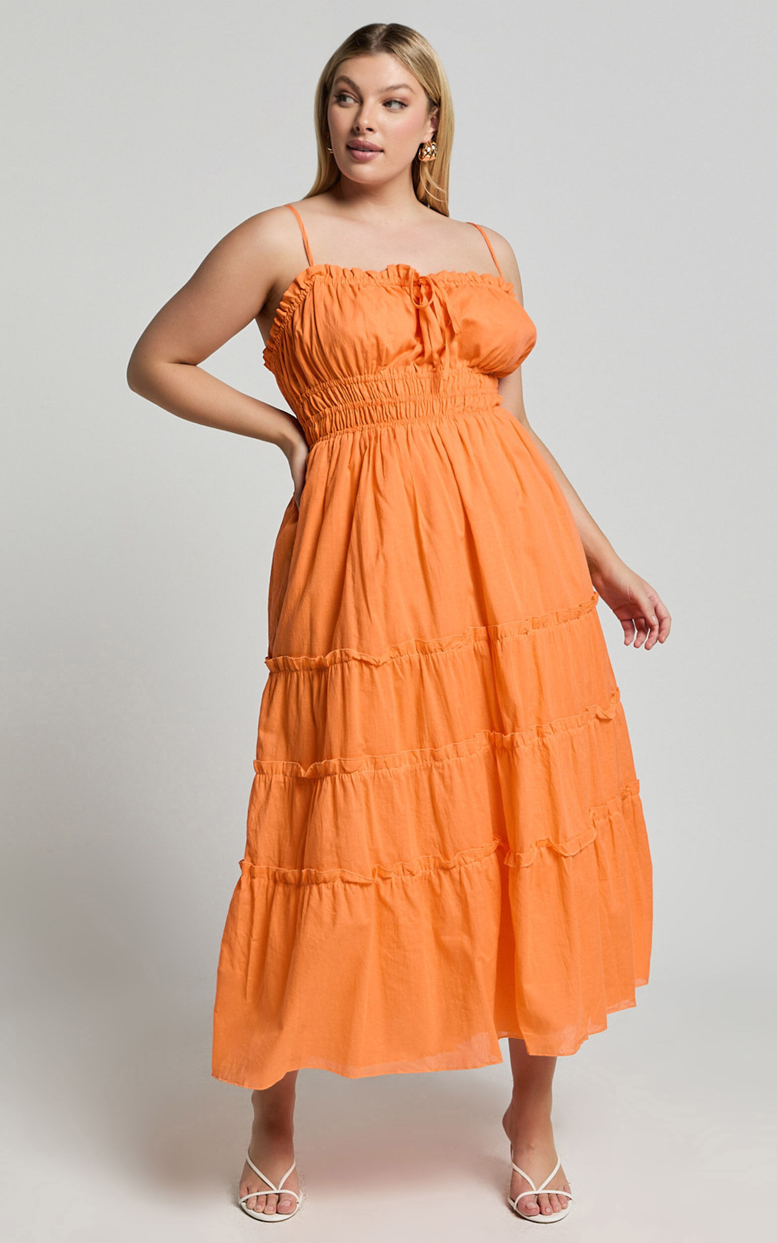 Schiffer Midi Dress - Strappy Ruched Tie Front Tiered Dress