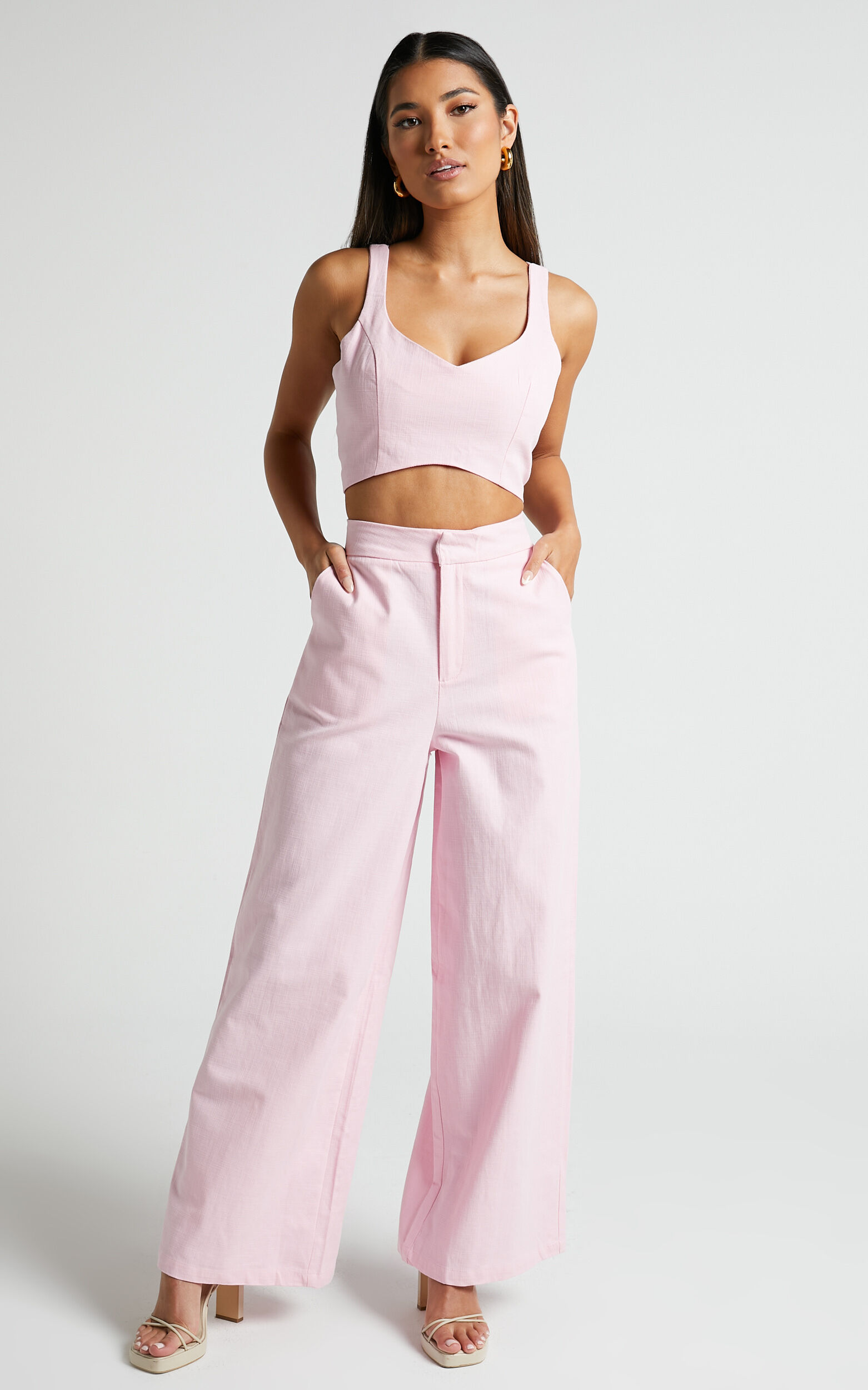 Kiky Two Piece Set Curve Fitted Crop High Waisted Pant in Light