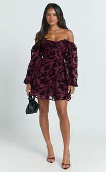 Jessell Mini Dress - Long Sleeve Cowl Corset Dress in Wine Burnout