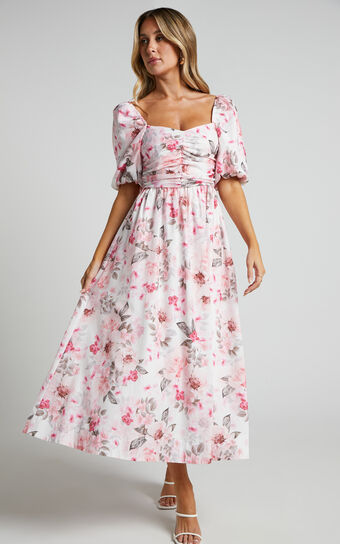 Haxzel Midi Dress - Ruched Bust Puff Sleeve Dress in Bouquet Floral