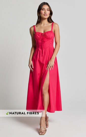 Maiya Midi Dress - Tie Front Fitted Bodice Dress in Hot Pink