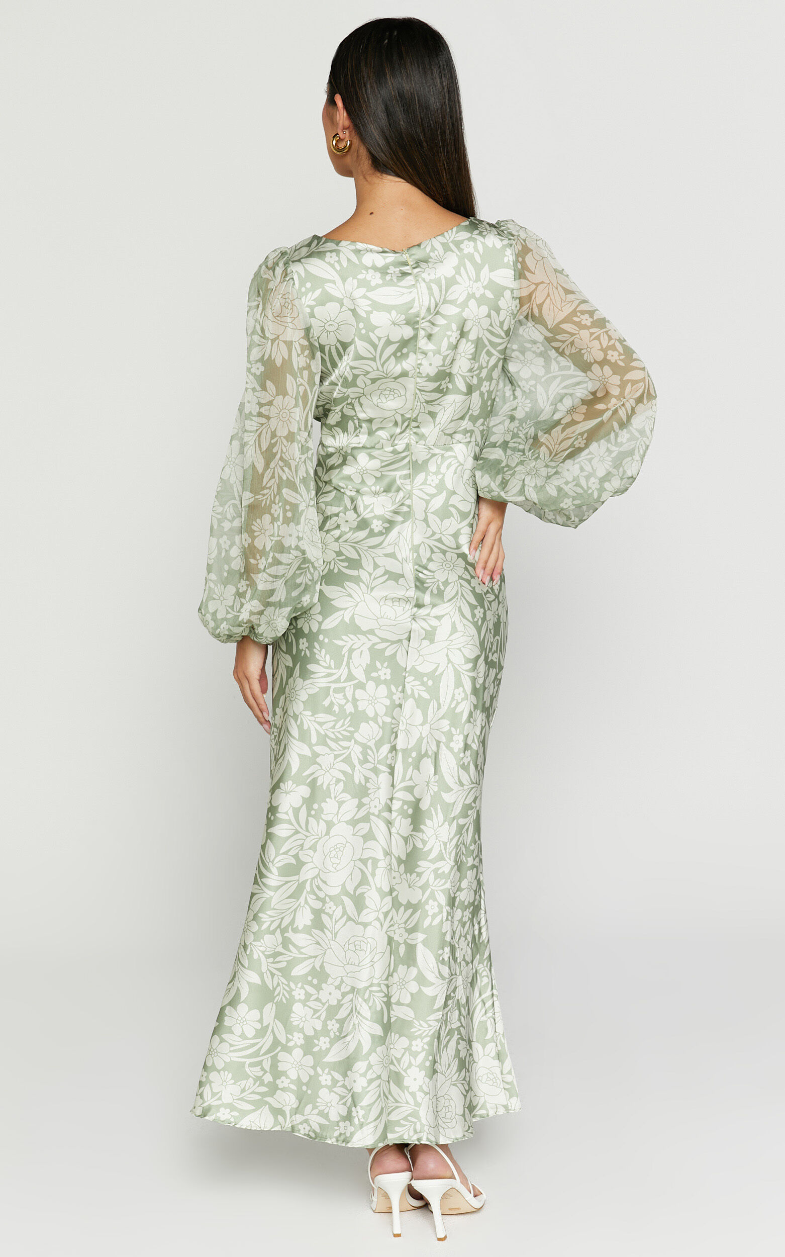 Freollyn Midi Dress - Deep V Neck Long Sleeve Dress in Sage ...