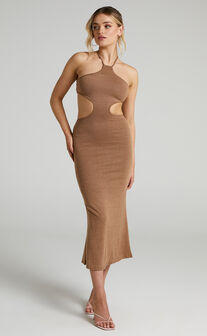 Saskia Midi Dress - Side Cut Out Dress in Chocolate