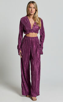 Aluna Two Piece Set - Plisse Twist Front Crop Top and Wide Leg Pants Set in Aubergine