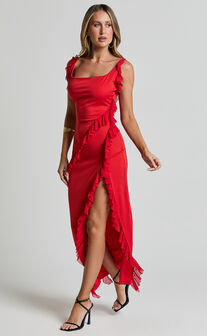 Elsa Midi Dress - Halter Neck Frill Trim Detail Dress in Red