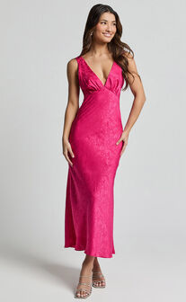 Cohen Midi Dress - Jacquard Satin Midi Dress in Pink