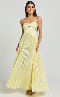 Shay Maxi Dress - Sweetheart Cut Out Pleated Dress in Lemon