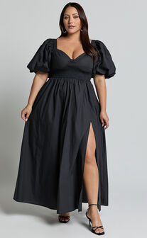 Raiza Midi Dress - Shirred Waist Puff Sleeve Dress in Black