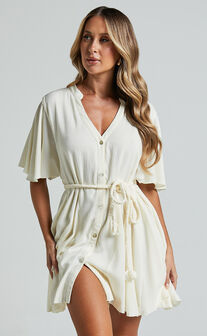 Cathe Mini Dress - V Neck Button Through Short Flutter Sleeve Tie Waist in Off White