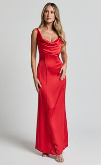 Grace Maxi Dress - Cowl Neck Satin Slip Dress in Coral Red