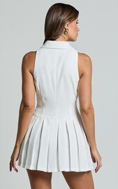 Hannah Mini Dress - Tailored Button Down Pleated Mini Dress in White ...