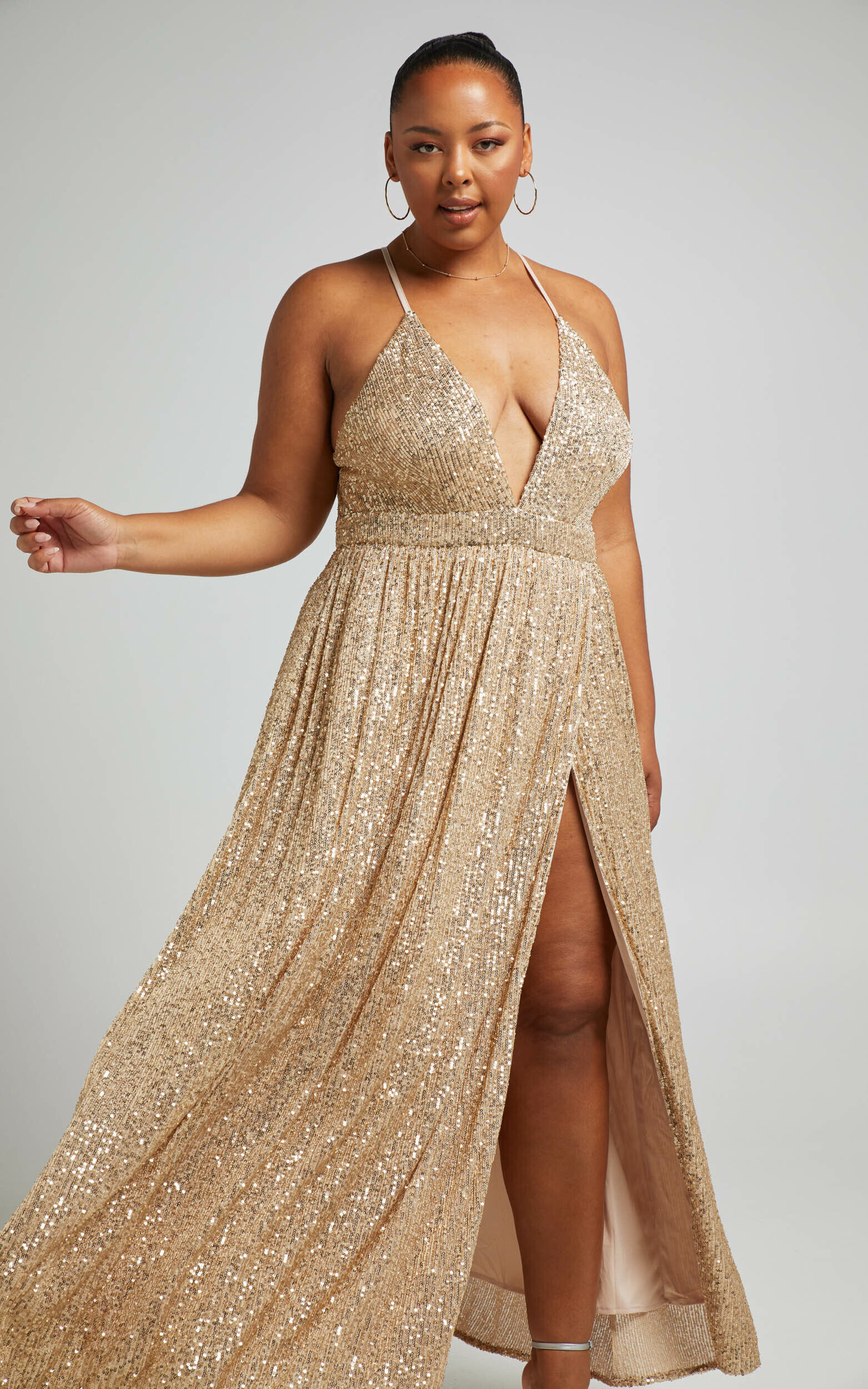 Katniss Maxi Dress Plunge Neck Formal Dress in Champagne Sequin Showpo USA