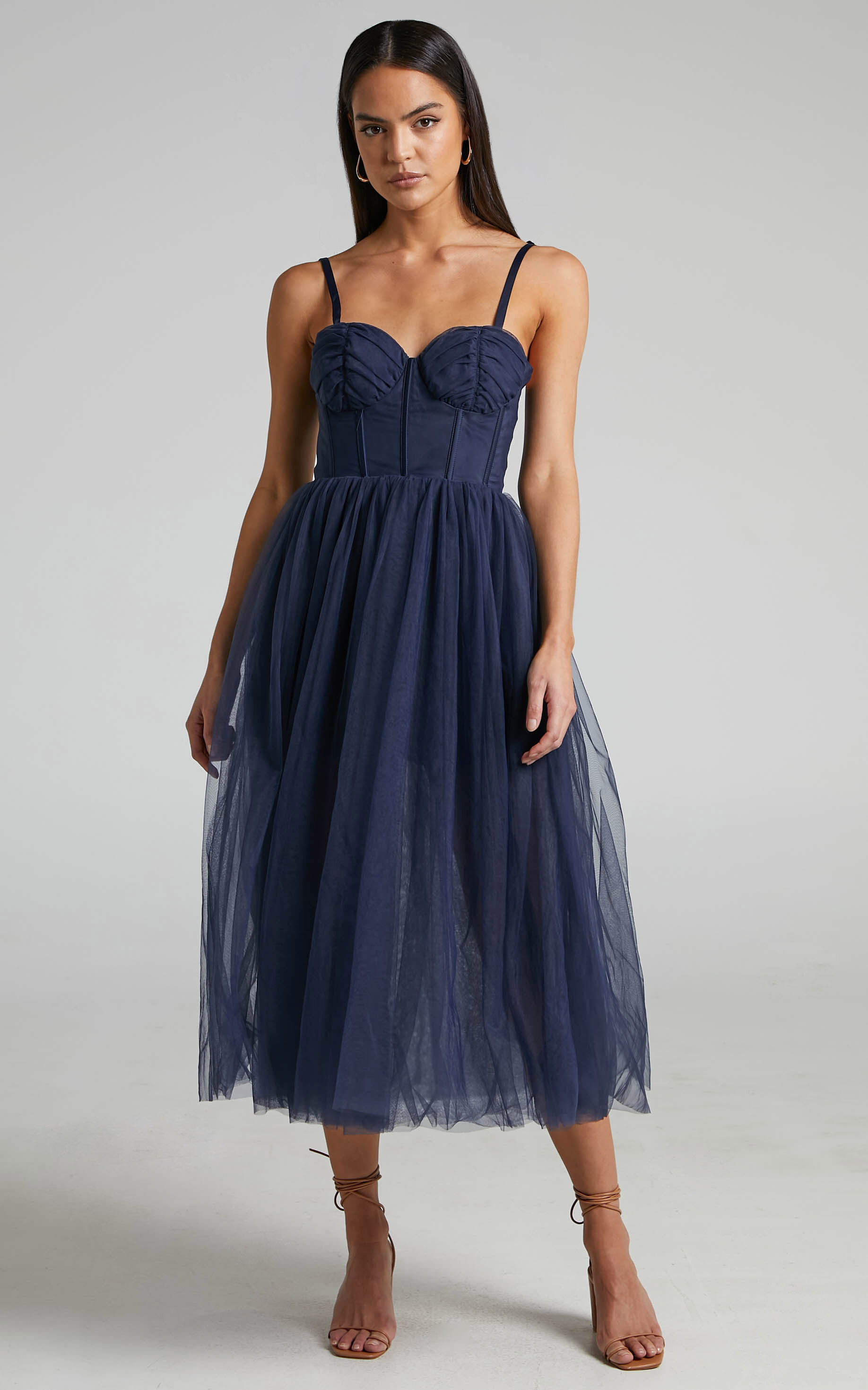 Aisha Midi Dress Bustier Bodice Tulle Dress in Navy Showpo