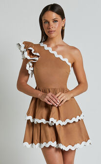 Bette Mini Dress - One Shoulder Ruffle Detail Layered Dress in Tobacco