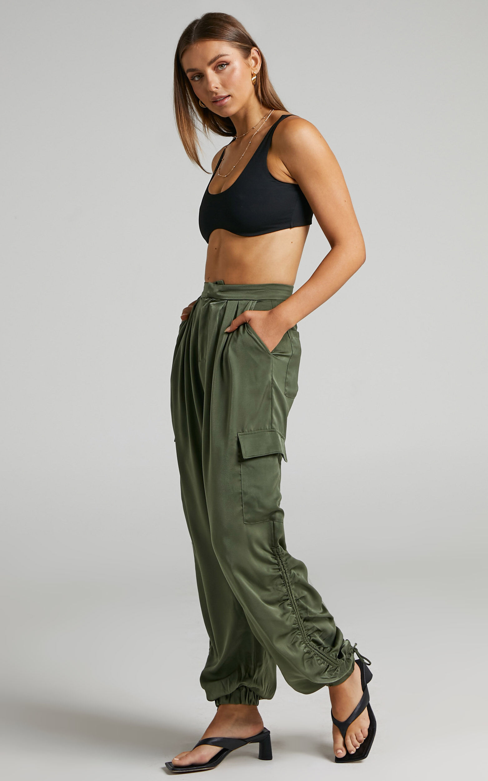 Kimme Ruched Satin Cargo Pants in Khaki Showpo