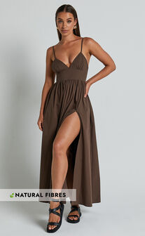 Haydie Maxi Dress - V Neck Thigh Split Dress in Chocolate