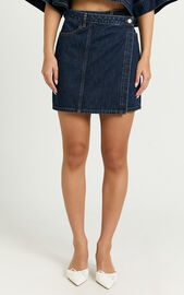 Katherine Mini Skirt - Cross Front Recycled Denim Skirt in Dark Blue ...