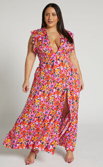 Dyliah Midi Dress - Thigh Split Frill Shoulder Plunge Neck Dress in Spring Floral