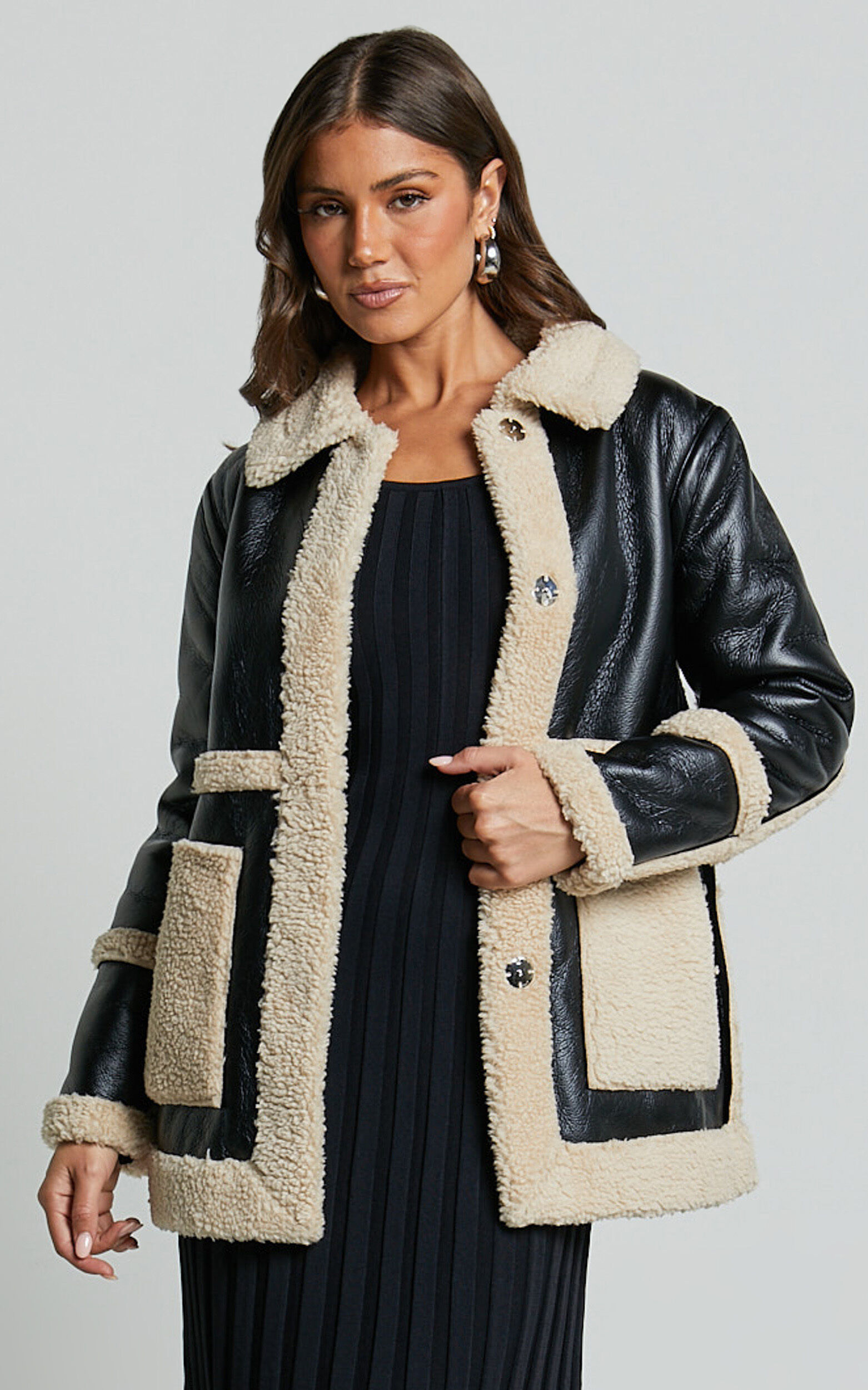 Aviator jacket womens black and white top