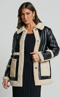 Ruth Jacket - Faux Shearling Aviator Jacket in Black