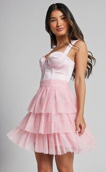 Aulaire Mini Skirt - Tiered Tulle Skirt in Blush