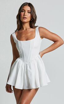 Carolyn Mini Dress - Wide Strap Sleeveless Fit and Flare Dress in White