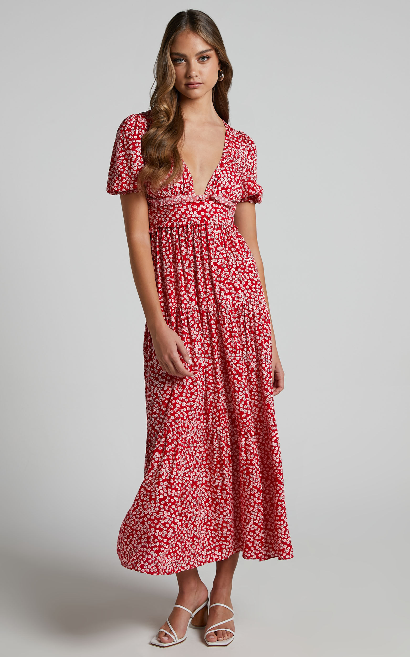 Red ditsy midi dress online