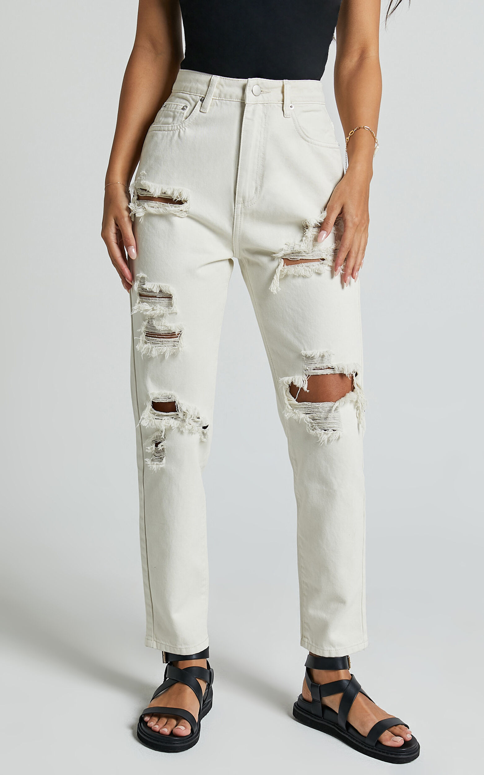 Billie Jeans - High Waisted Cotton Distressed Mom Denim Jeans in Ecru