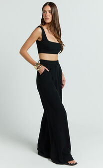 Gaia Two Piece Set - Linen Look Square Neck Crop Top and High Waist Pants Set in Black