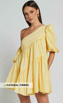 Harleen Mini Dress - Linen Look Asymmetrical Trim Puff Sleeve Dress in Lemon